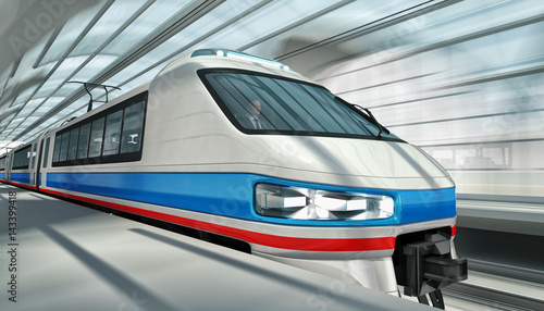 High-speed train passes through a glassed-in station. 3d image
