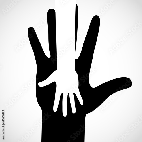 Black color big hand and white small hand concept. Help symbol hands support emblem. Hands icon illustration. Education, health care, medical, design element.