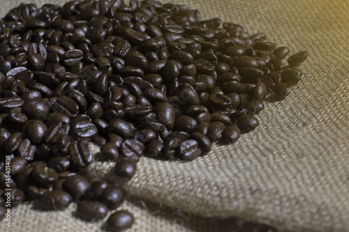 Coffee seeds on sackcloth.