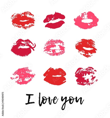 Hand drawn fashion illustration lipstick kiss. Female vector card with red lips and text I love you