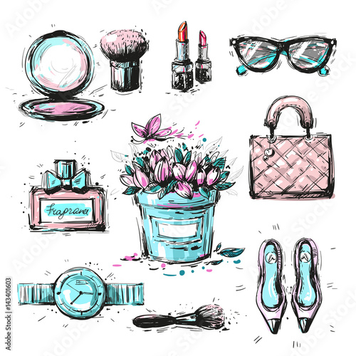 Collection set of sketchy fashion stylish elements accessories