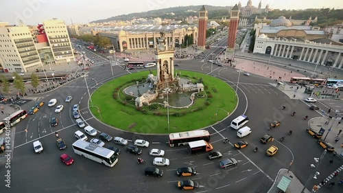 timelapse city traffic with Venetian Towers Plaça d'Espanya, Plaza de Espana of Squares in Barcelona