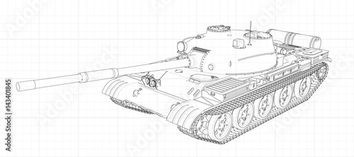 Tank vector illustration EPS 10. Military machine in the contour lines on graph paper. The contours of the black line on the white background.