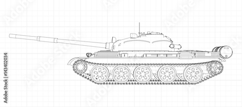 Tank vector illustration EPS 10. Military machine in the contour lines on graph paper. The contours of the black line on the white background.