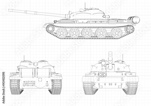 Tank vector illustration EPS 10. Military machine in the contour lines on graph paper. The contours of the black line on the white background.