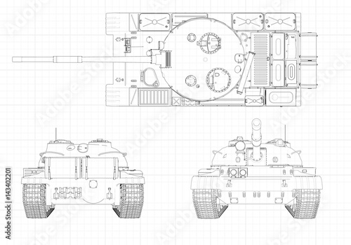 Tank vector illustration EPS 10. Military machine in the contour lines on graph paper. The contours of the black line on the white background.