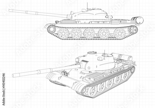 Tank vector illustration EPS 10. Military machine in the contour lines on graph paper. The contours of the black line on the white background.