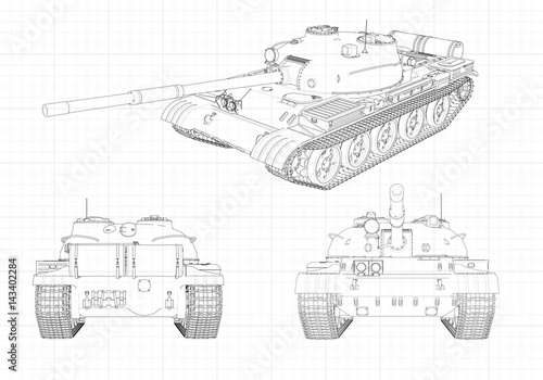Tank vector illustration EPS 10. Military machine in the contour lines on graph paper. The contours of the black line on the white background.