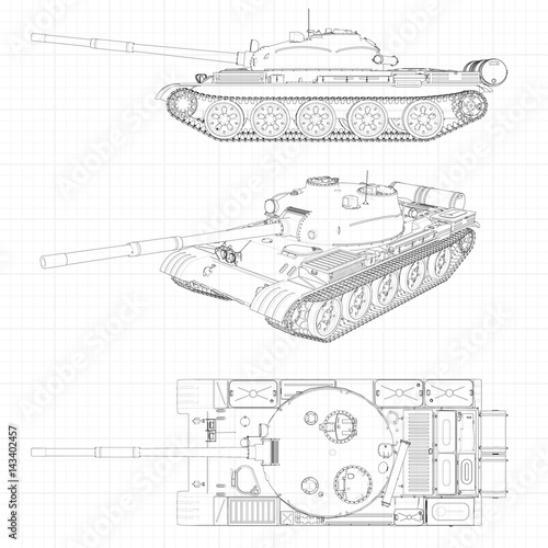Tank vector illustration EPS 10. Military machine in the contour lines on graph paper. The contours of the black line on the white background.