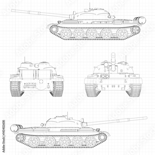 Tank vector illustration EPS 10. Military machine in the contour lines on graph paper. The contours of the black line on the white background.