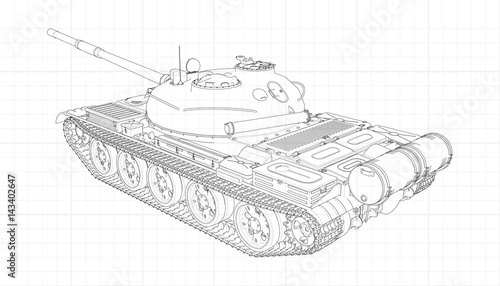 Tank vector illustration EPS 10. Military machine in the contour lines on graph paper. The contours of the black line on the white background.
