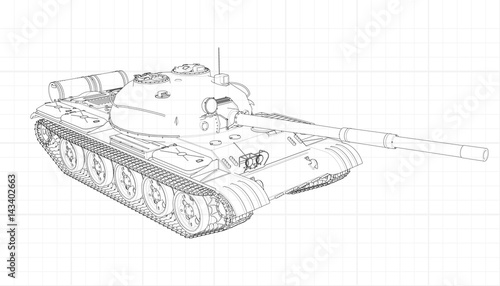 Tank vector illustration EPS 10. Military machine in the contour lines on graph paper. The contours of the black line on the white background.