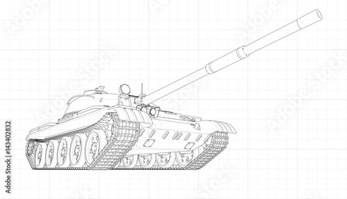 Tank vector illustration EPS 10. Military machine in the contour lines on graph paper. The contours of the black line on the white background.