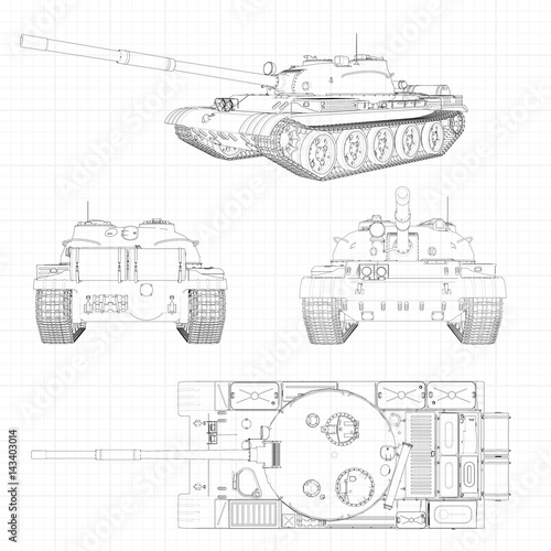 Tank vector illustration EPS 10. Military machine in the contour lines on graph paper. The contours of the black line on the white background.
