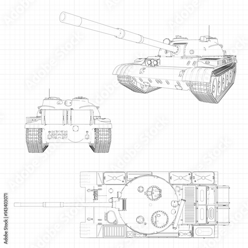 Tank vector illustration EPS 10. Military machine in the contour lines on graph paper. The contours of the black line on the white background.