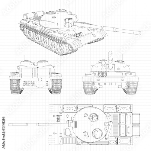 Tank vector illustration EPS 10. Military machine in the contour lines on graph paper. The contours of the black line on the white background.