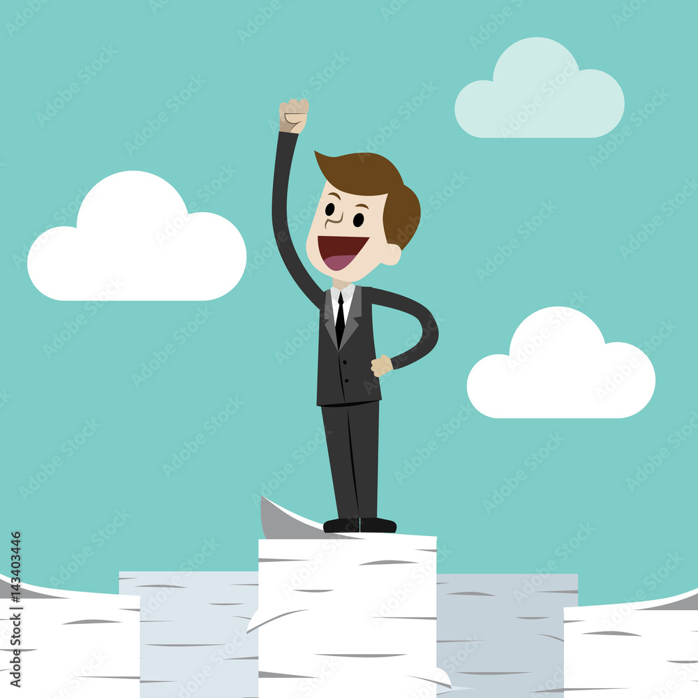 Business man standing on a huge tower stack of papers. Job is finished successfull Business man standing on a huge tower stack of papers. Job is finished successfull