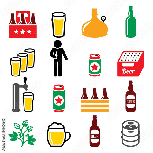 Beer, brewery, drinking alcohol in pub vector icons set