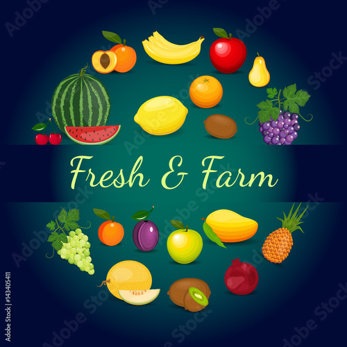 Fototapeta Naklejka Na Ścianę i Meble -  Healthy fruits and vegetarian food banners on green blackboard. Fresh organic food, healthy eating vector background with place for text.