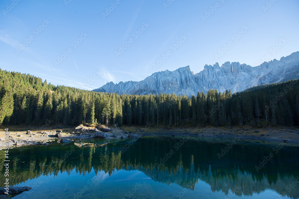 Lake Carezza landscape and Dolomites mountain