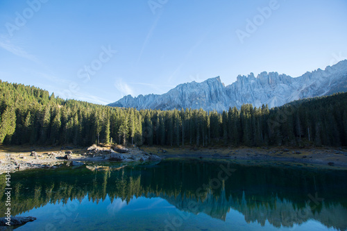 Lake Carezza landscape and Dolomites mountain