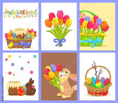 Set of Happy Easter with Flowers and Sweet Dessert