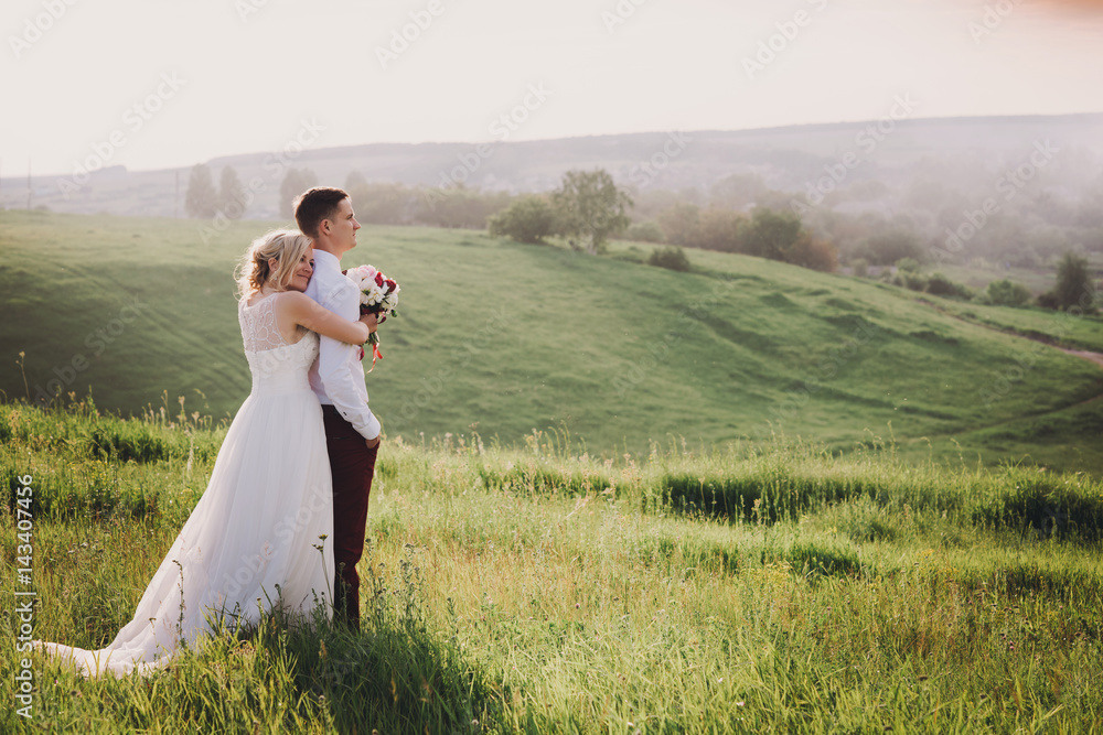 Young beautiful wedding couple hugging in a field. Lovely couple, bride and groom posing in field during sunset, lifestyle