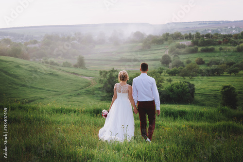 Young beautiful wedding couple hugging in a field back to camera. Lovely couple, bride and groom posing in field during sunset, lifestyle