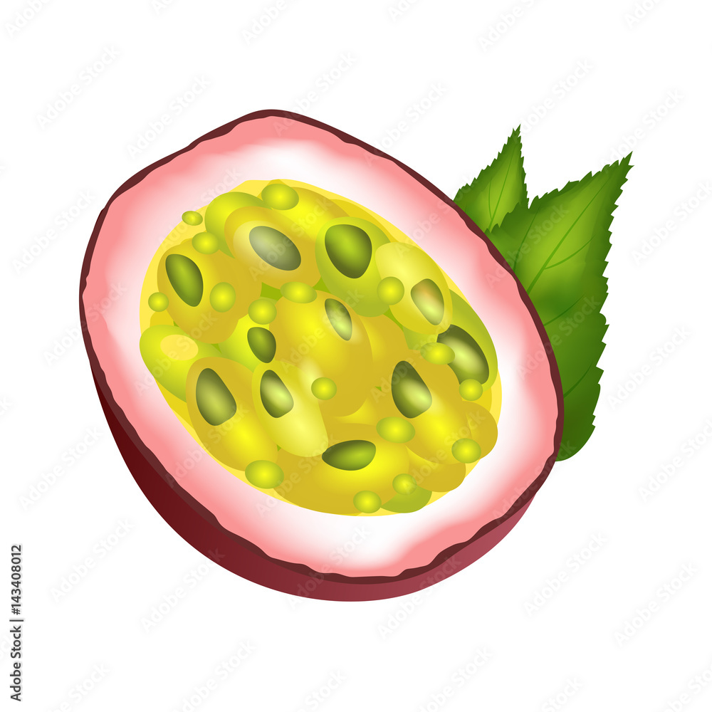 Juicy Passion Fruit Cut Part with Green Leaves Juicy Passion Fruit Cut Part with Green Leaves