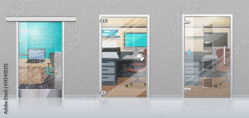 Office Interior Through Glass Door Flat Vector