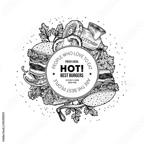 Fast food round design template. Linear graphic. Snack collection. Junk food. Engraved illustration. Vector illustration