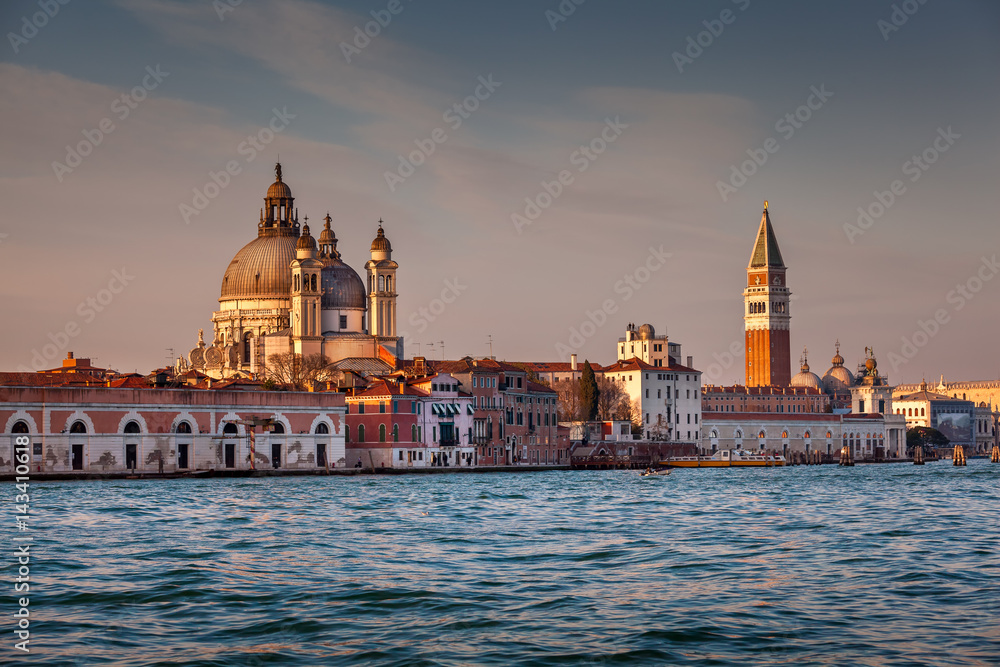 Santa Maria della Salute Church and Saint Mark's Campanile in the Evening, Venice, Italy