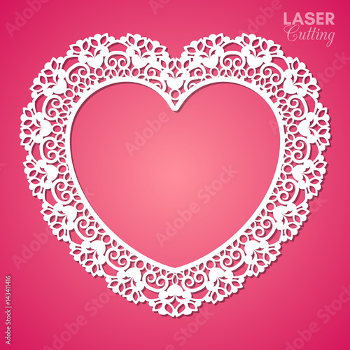 Laser cut vector frame in the shape of a heart with lace border, vector ornament, vintage frame. May be used for laser cutting. Photo frame for paper cutting. Paper doily.