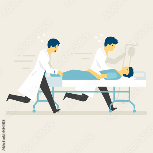 Emergency case sick person moving to ICU, Medical flat style illustration.