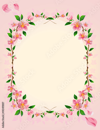 Flowering cherry branches on a pink background