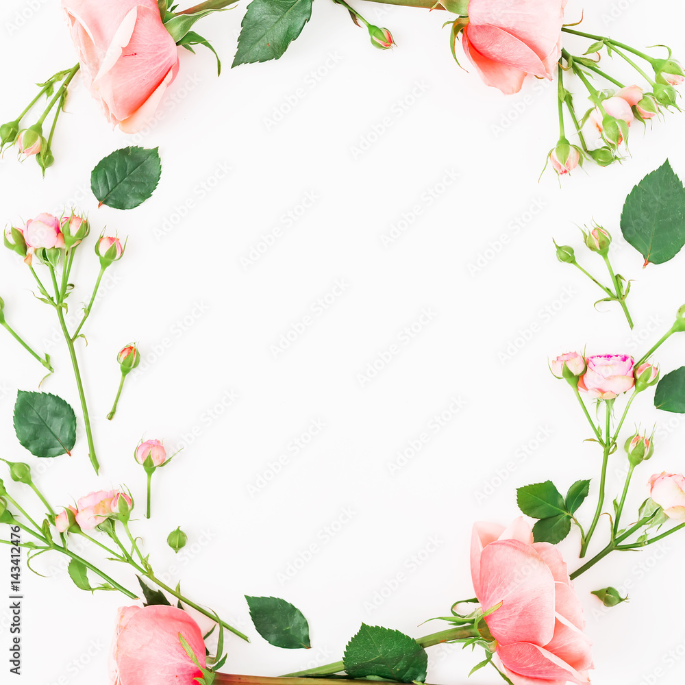 Round frame with roses isolated on white background. Flat lay, top view. Flowers background. Round frame with roses isolated on white background. Flat lay, top view. Flowers background.