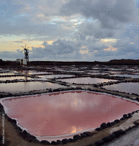 Ponds of color at dawn, salines of Tenefe, coast of Gran canaria, Canary islands