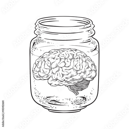 Human brain in glass jar isolated. Sticker, print or blackwork tattoo design hand drawn vector illustration