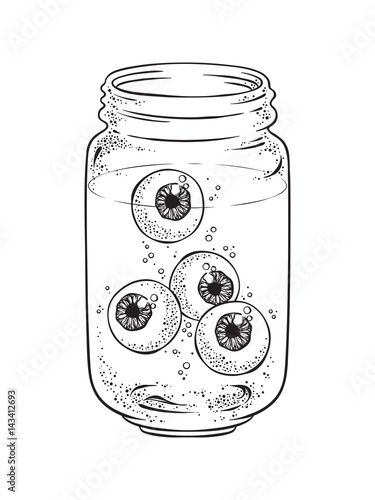 Human eyeballs in glass jar isolated. Sticker, print or blackwork tattoo hand drawn vector illustration