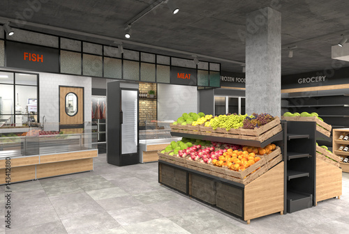 3D visualization of the interior of the grocery store. Design in loft style.