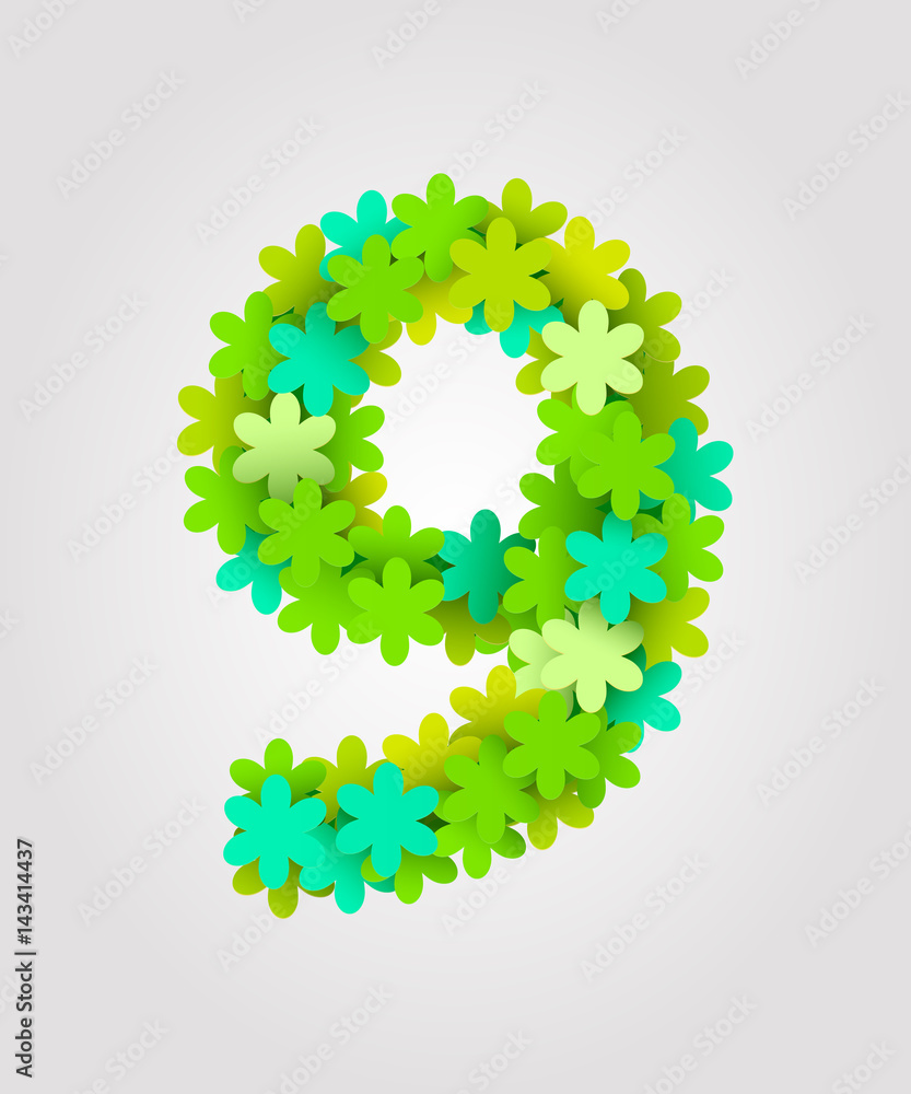 Floral numbers. Green flowers. Vector illustration. Number 9 Floral numbers. Green flowers. Vector illustration. Number 9