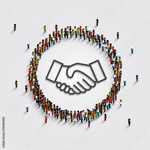 A large group of people in a circle with a sign of a handshake. Vector illustration