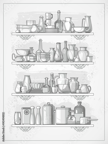 crockery on shelves