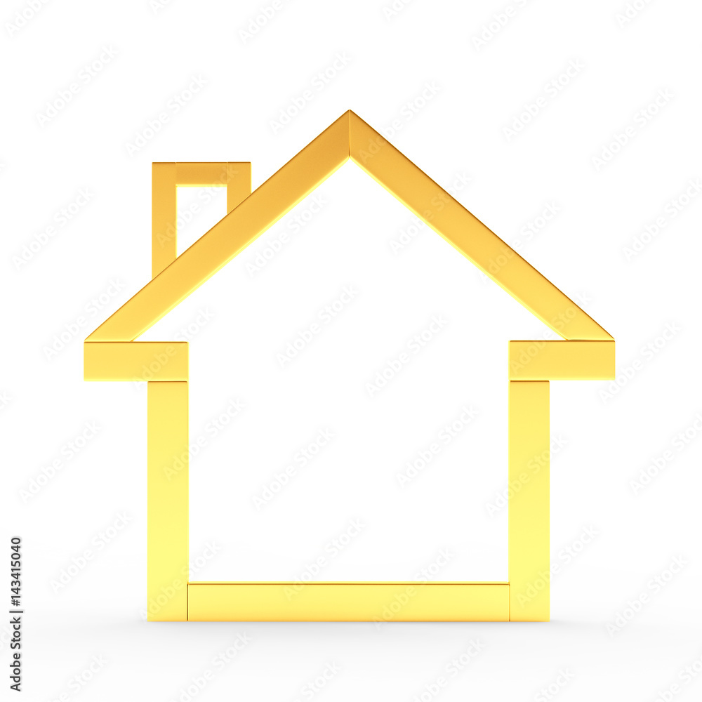 Real estate symbol. Golden house icon isolated on white. 3D illustration Real estate symbol. Golden house icon isolated on white. 3D illustration