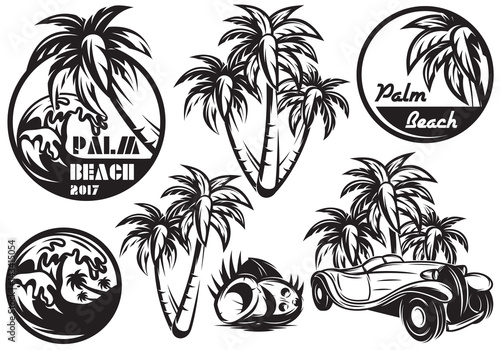 A set of monochrome templates with different palm, waves, coconut and a car. Vector illustration