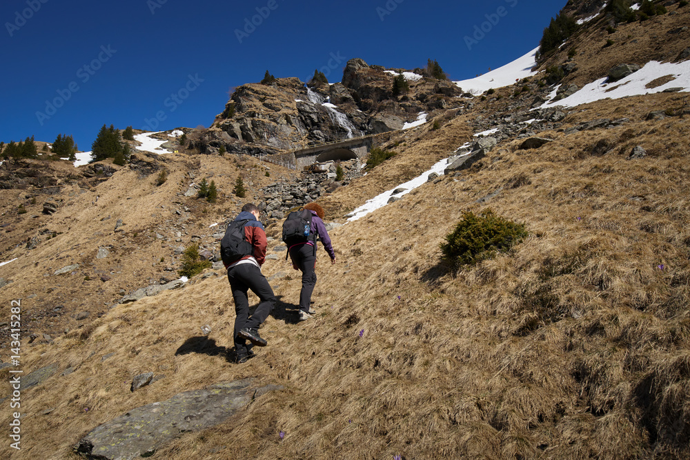 Family of hikers in the mountains