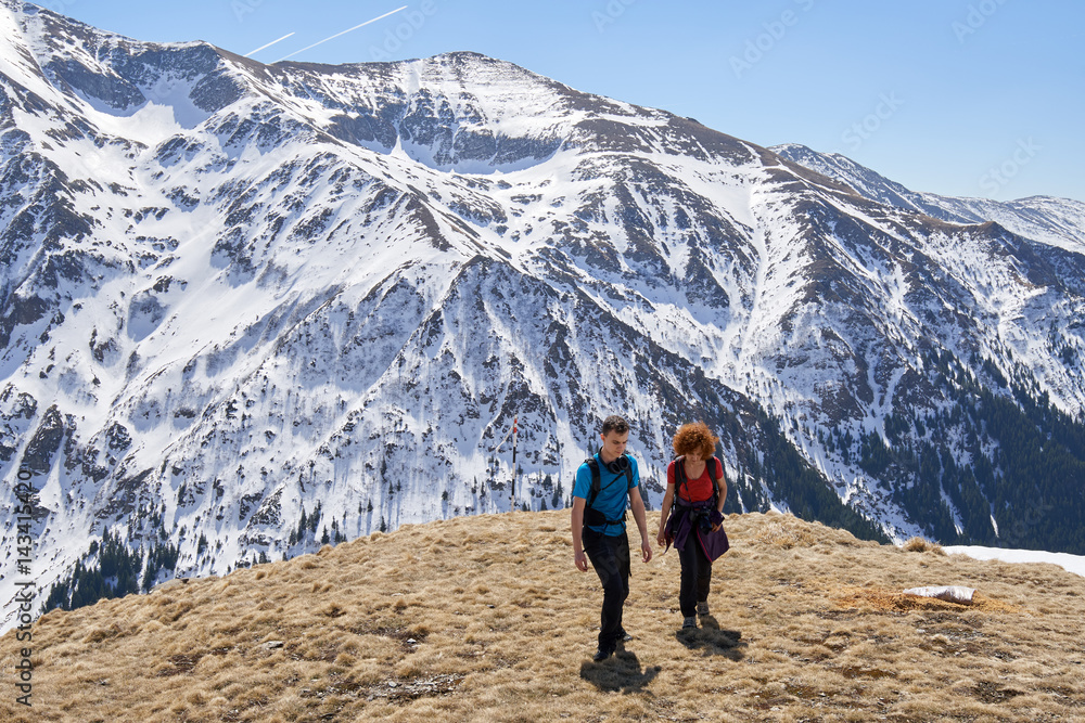 Family of hikers in the mountains