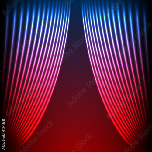 Drapery futuristic background with 80s style neon lines. Welcoming drapes for cover or party invitation made in new retro wave trend. Stage abstract.