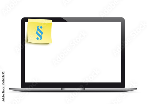 Notebook mit gelbem Klebezettel und Paragrafen