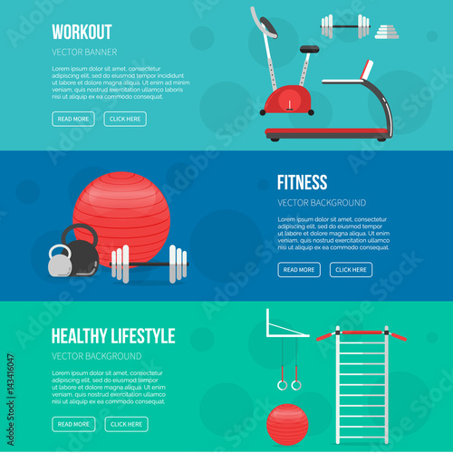Fitness training and gym club banners set. Fitness class equipment. Gym Sport background. Healthy lifestyle concept. Sport inventory.
